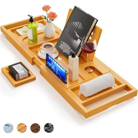 Extendable Sides Bathtub Tray Bamboo Bathtub Caddy with Phone Rack Wine Glass Holder