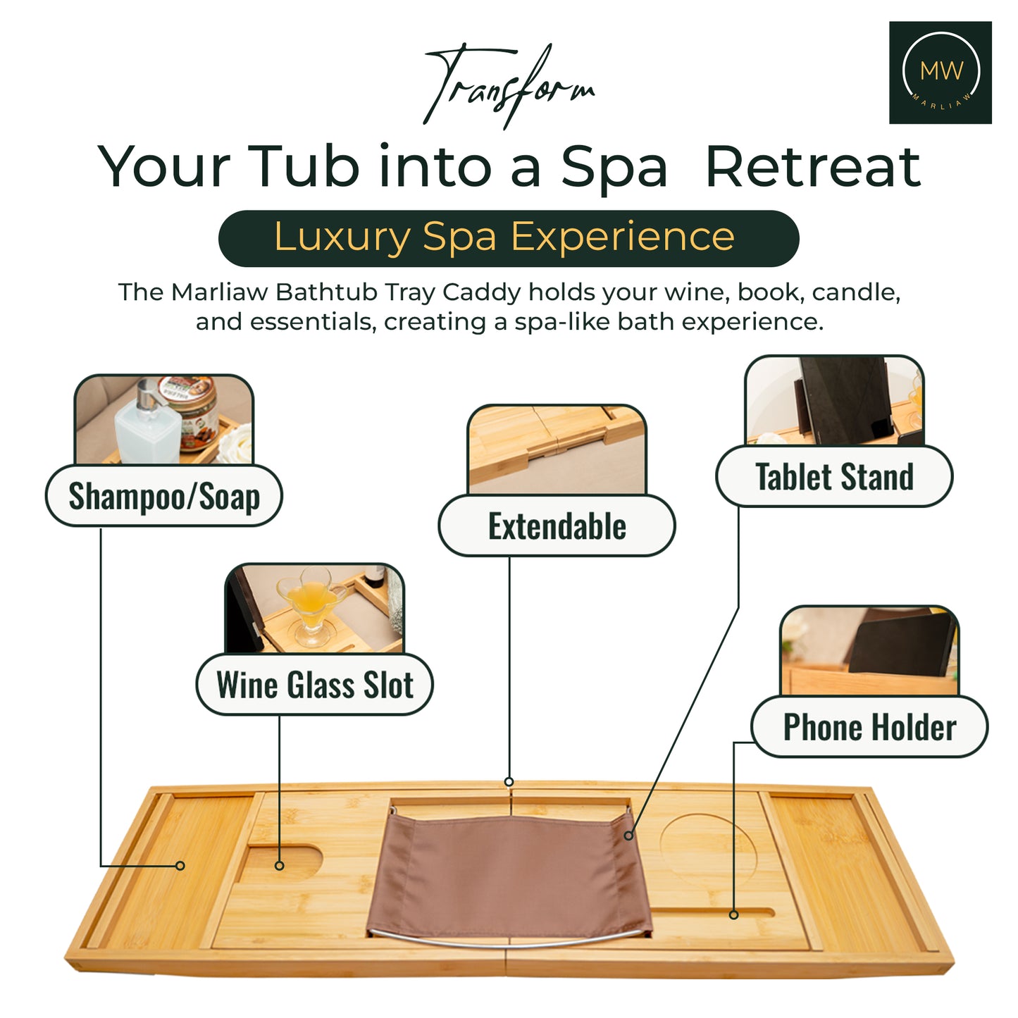 MarliaW Luxury Foldable Bamboo Bathtub Tray