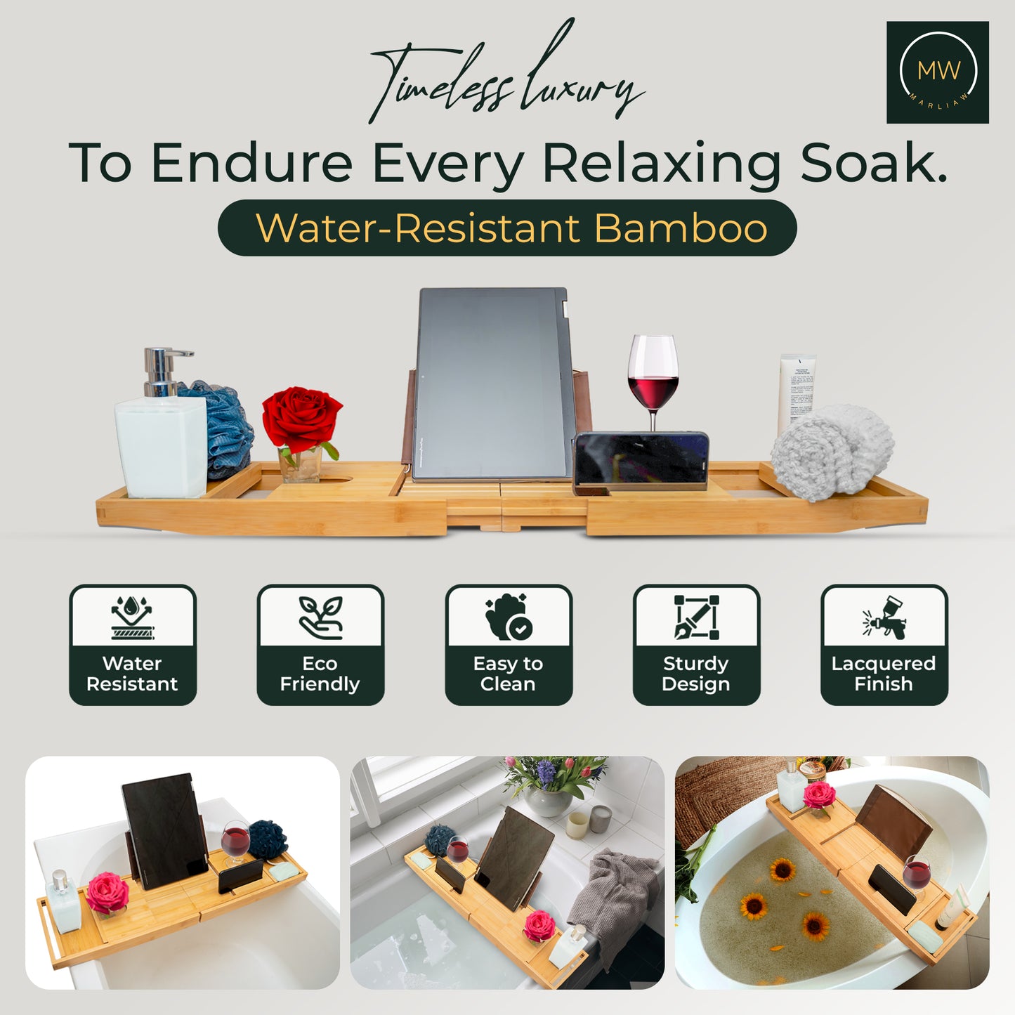 MarliaW Luxury Foldable Bamboo Bathtub Tray