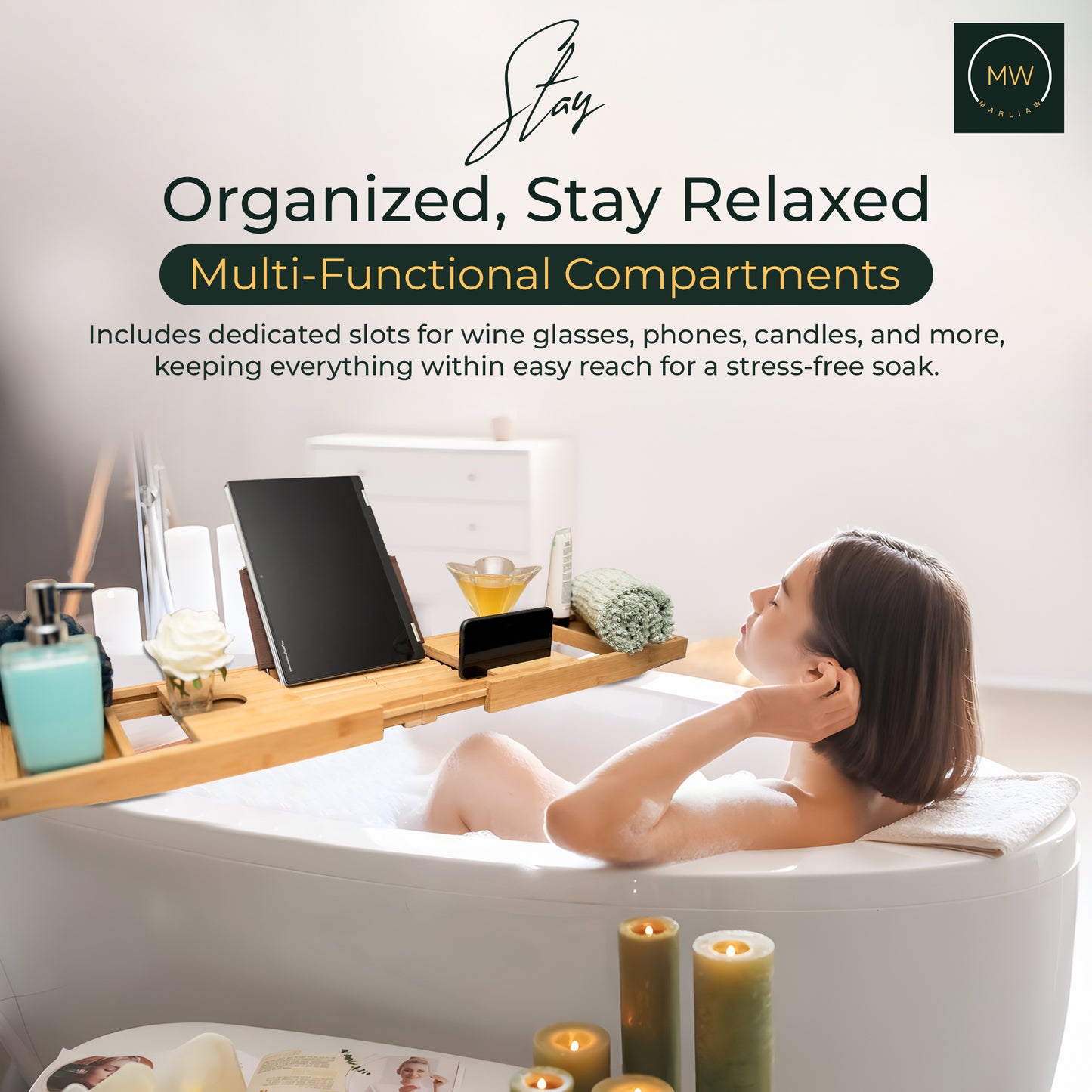 MarliaW Luxury Foldable Bamboo Bathtub Tray