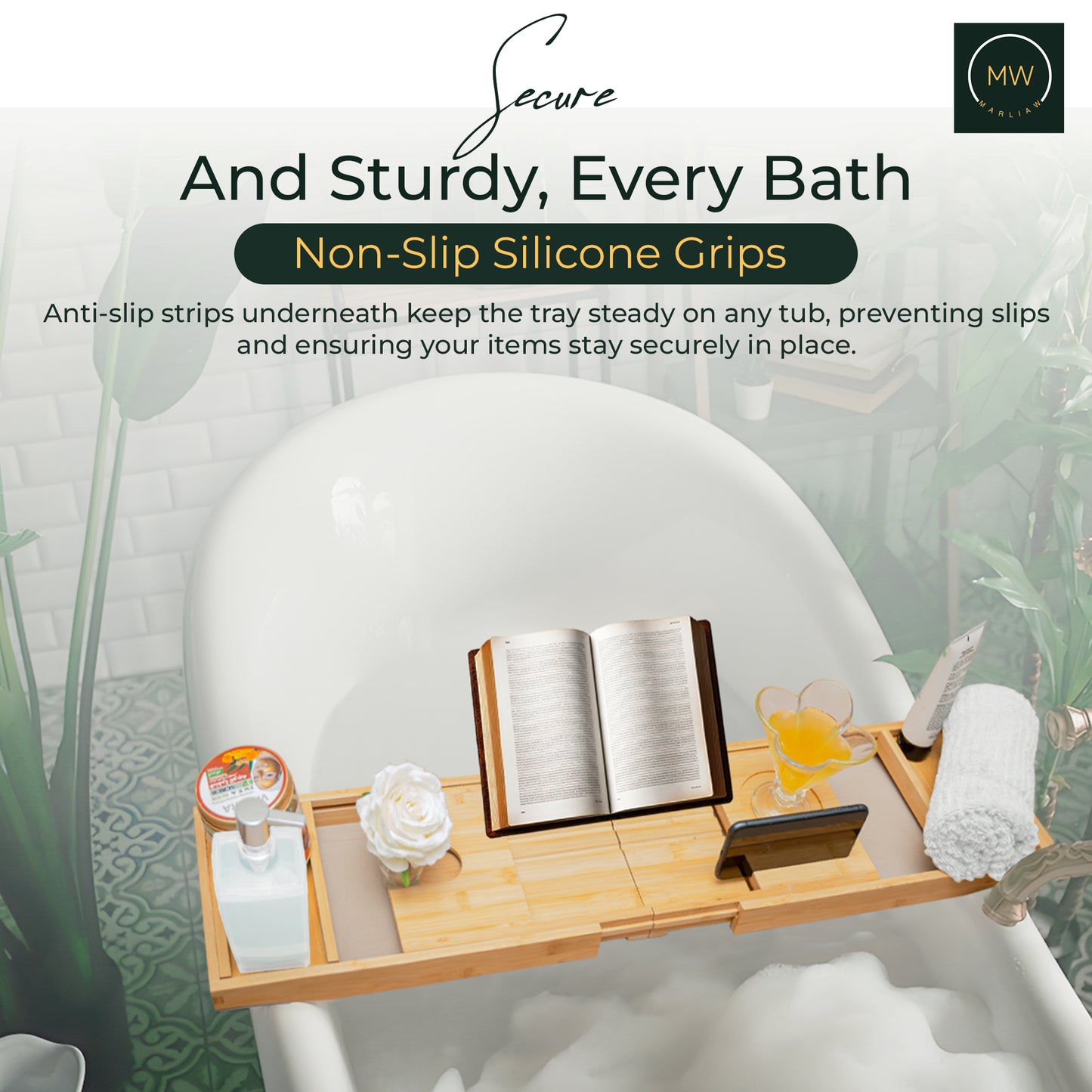 MarliaW Luxury Foldable Bamboo Bathtub Tray